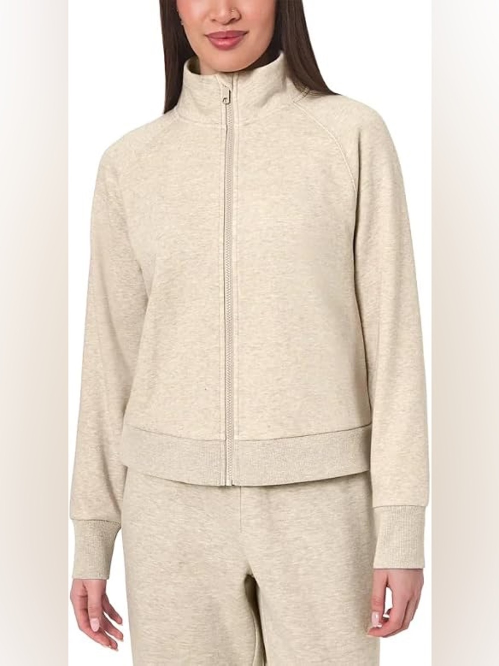 Mondetta Beige Tan Fleece High Neck Full Zip Hoodie White Sherpa Velour Lining